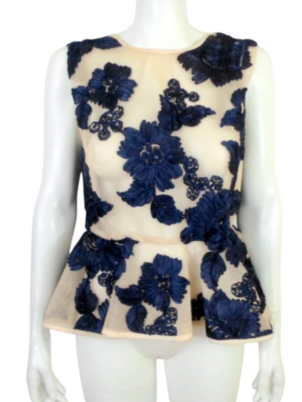 Gracia Sleeveless Peplum Top sz Large Navy Blue Floral Nude Beige Mesh